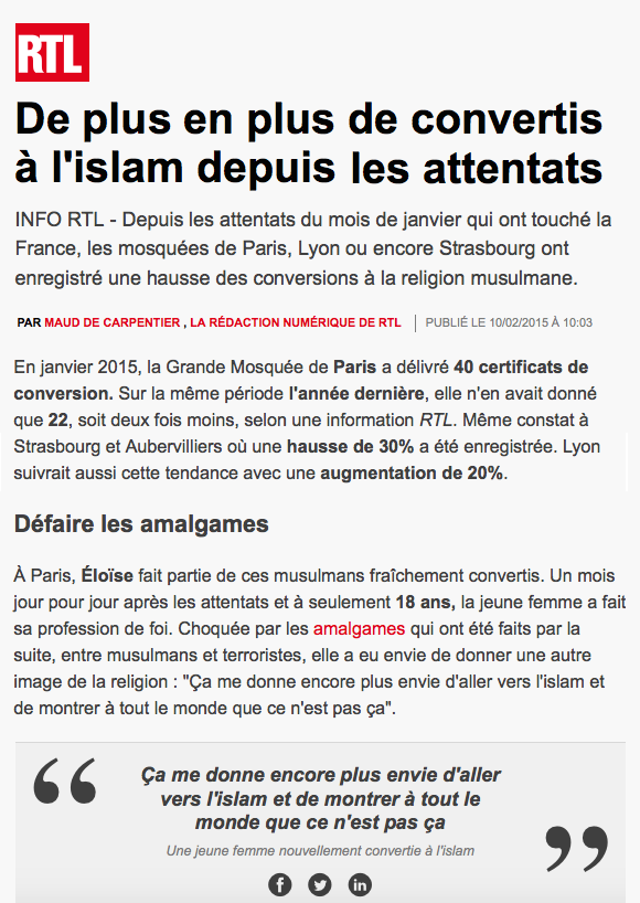 RTL Radio of France: Since Charlie Hebdo, more French became Muslims